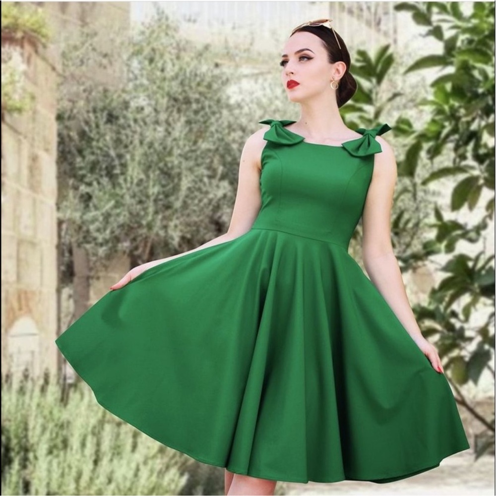 Vintage Diva Charlie Bow Swing Retro Pinup Dress In Emerald Green